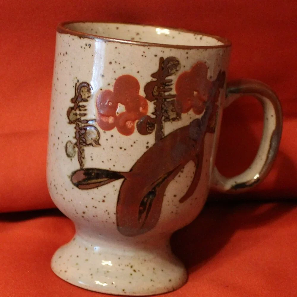 Vintage Hand Painted Fred Roberts Co. Ceramic Mug Orange, Blue & Brown Set 4